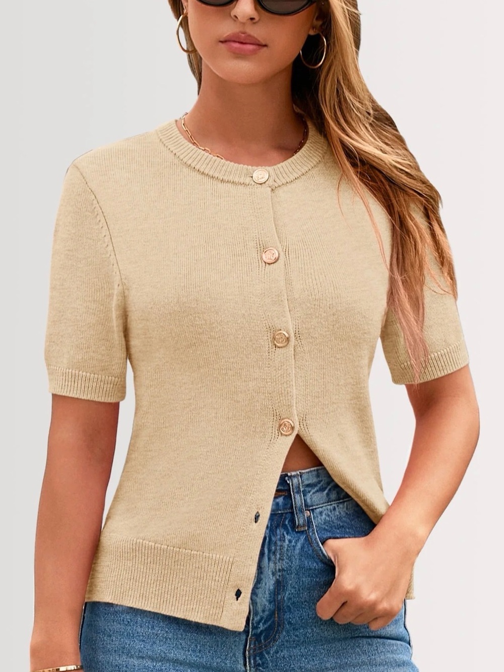 PrettyGarden Beige Short Sleeve Knit Cardigan Gold Buttons NWT Small